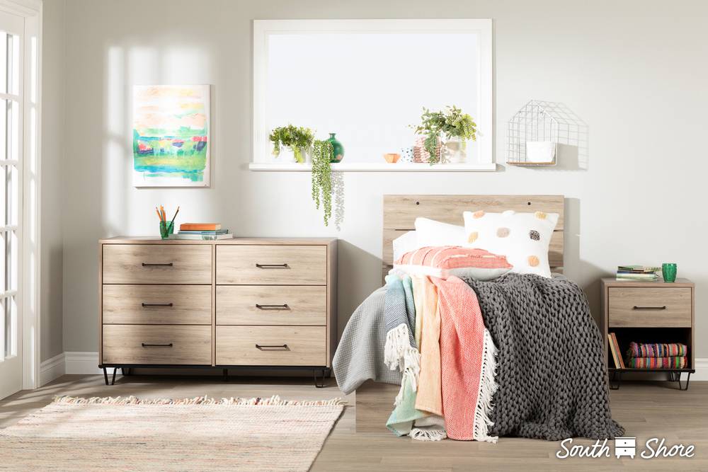 South Shore Fakto Industrial Bed Set Platform Bed And Headboard